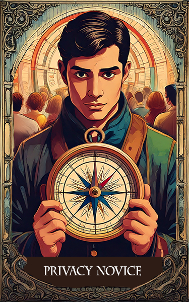 The Privacy Novice, a white man, holds a large magical compass up to the viewer, as a crowd recedes behind him.